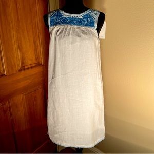NWT Lucky Brand Linen Dress, Size XS, Blue Embroidered Details